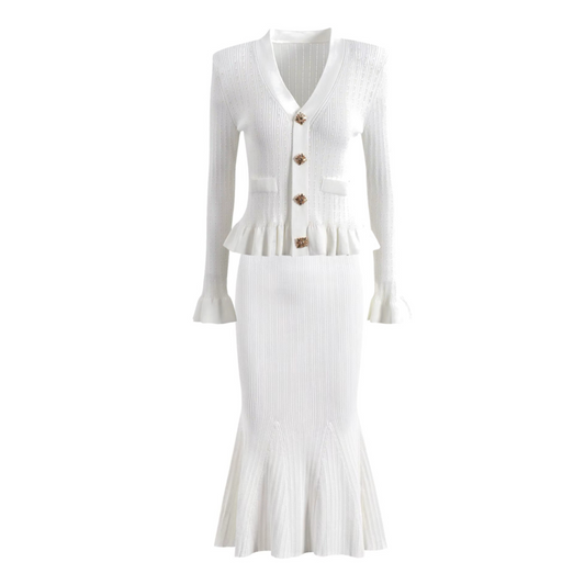 Long Sleeve Fluted Midi Two Piece Knitted Dress