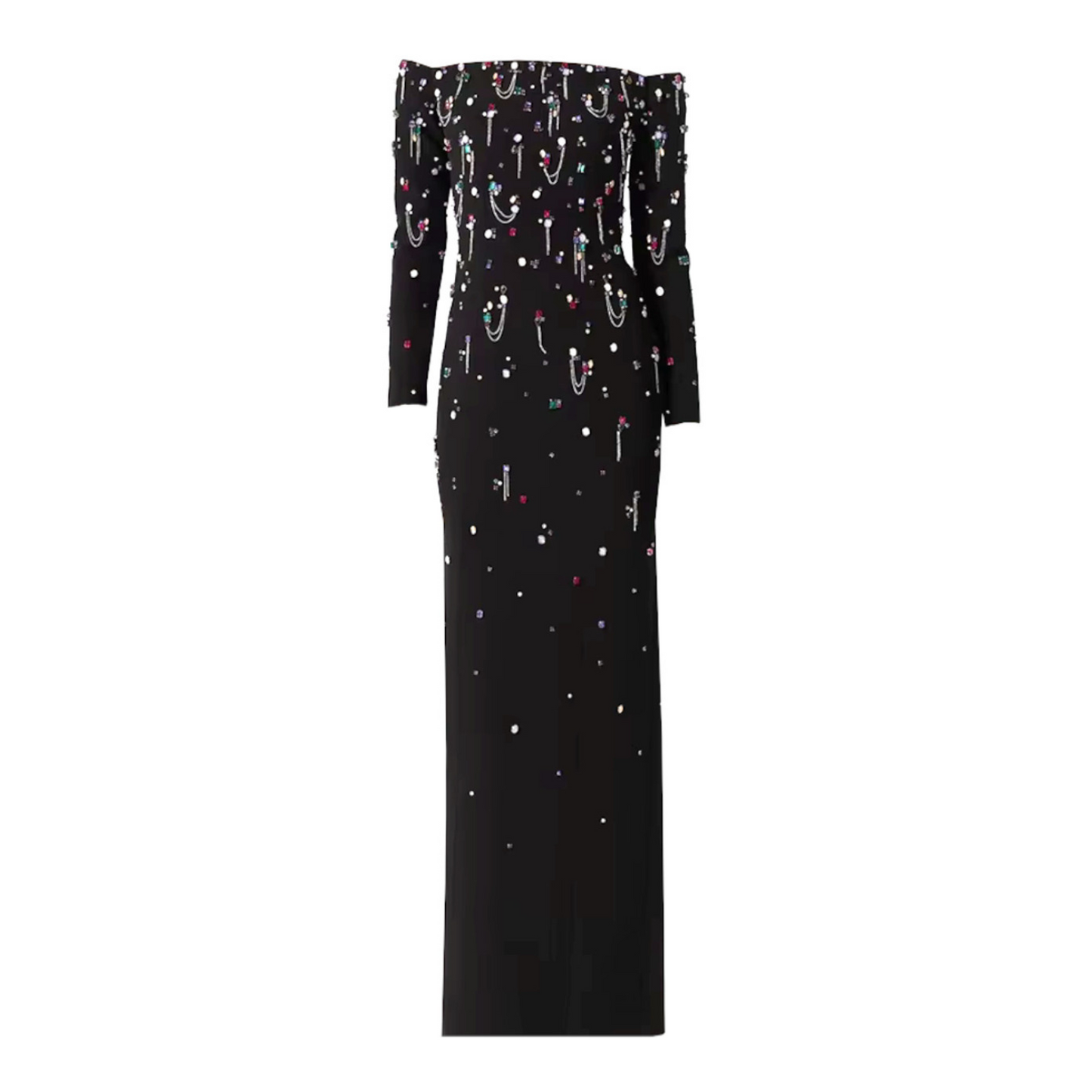 Long Sleeve Crystal Chain Maxi Dress Black