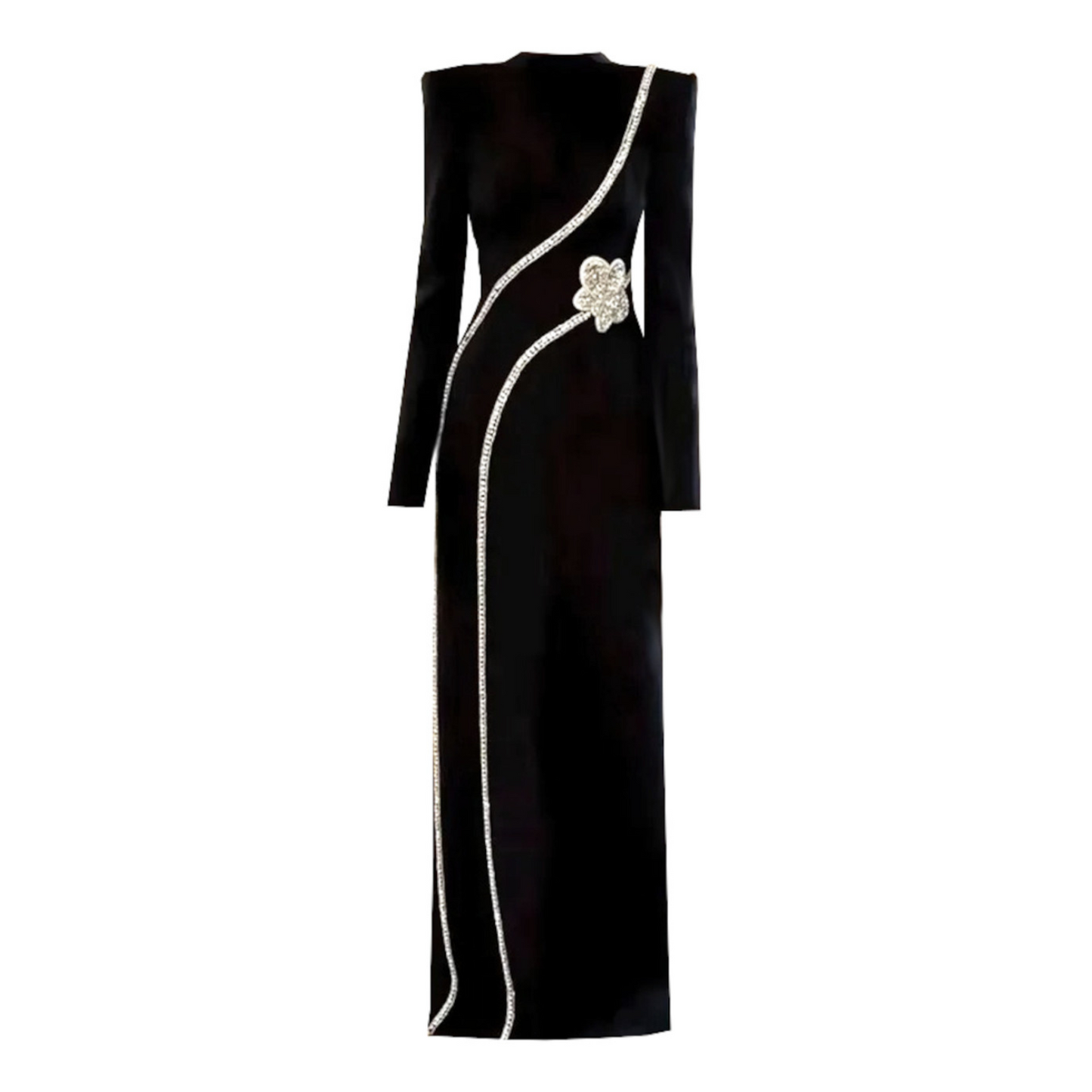 Long Sleeve Crystal Flower Maxi Dress Black