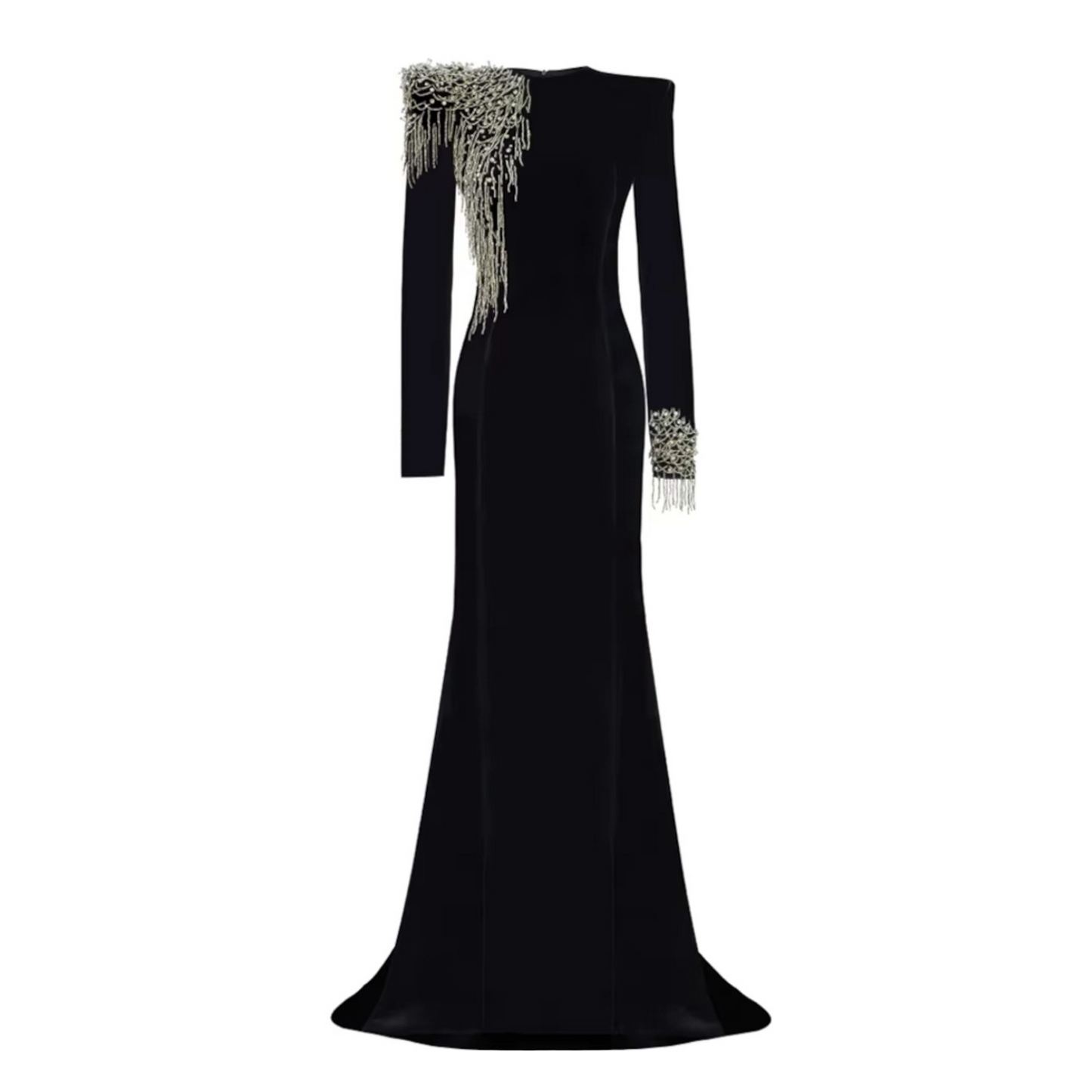 Long Sleeve Crystal Shoulder Maxi Velvet Dress Black