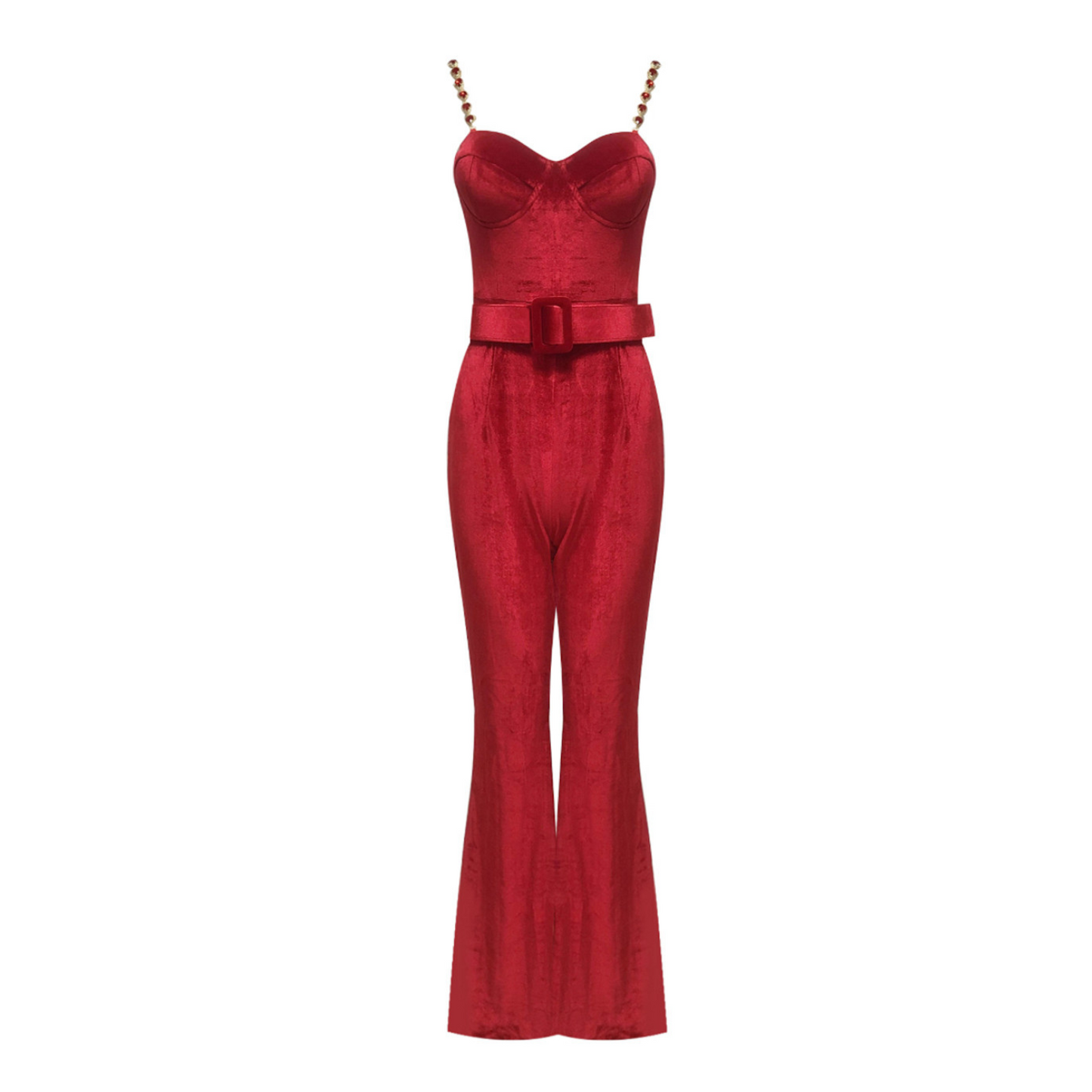 Bustier Detail Velvet Jumpsuit Red