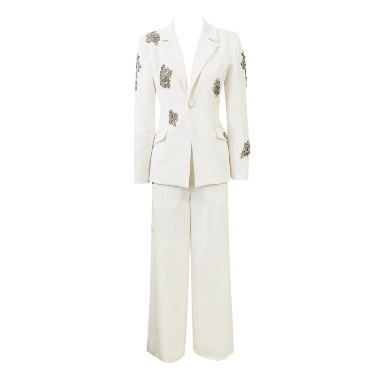 Long Sleeve Crystal Applique Suit White