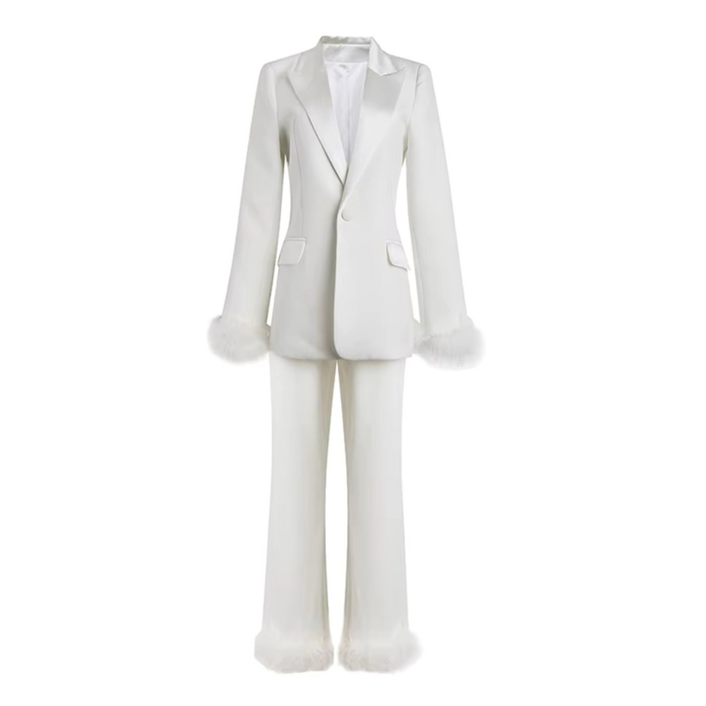 Long Sleeve Feather Detail Suit White