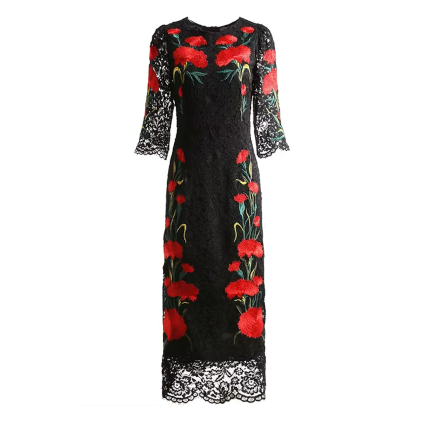 Three Quarter Sleeve Floral Midi Dress Black