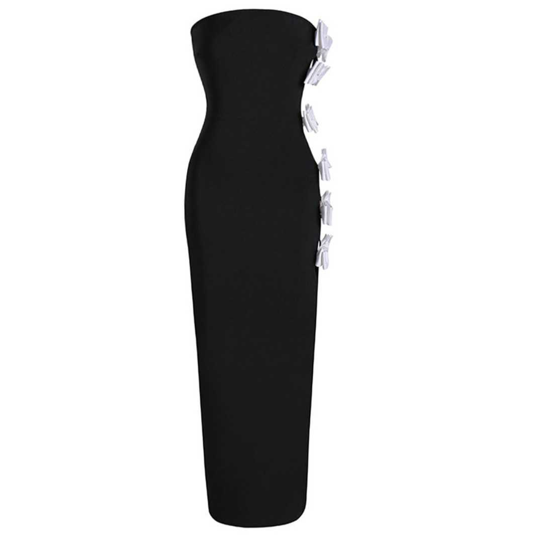 Strapless Bow Detail Maxi Velvet Dress Black White HV1944
