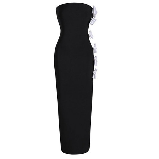 Strapless Bow Detail Maxi Velvet Dress Black White HV1944