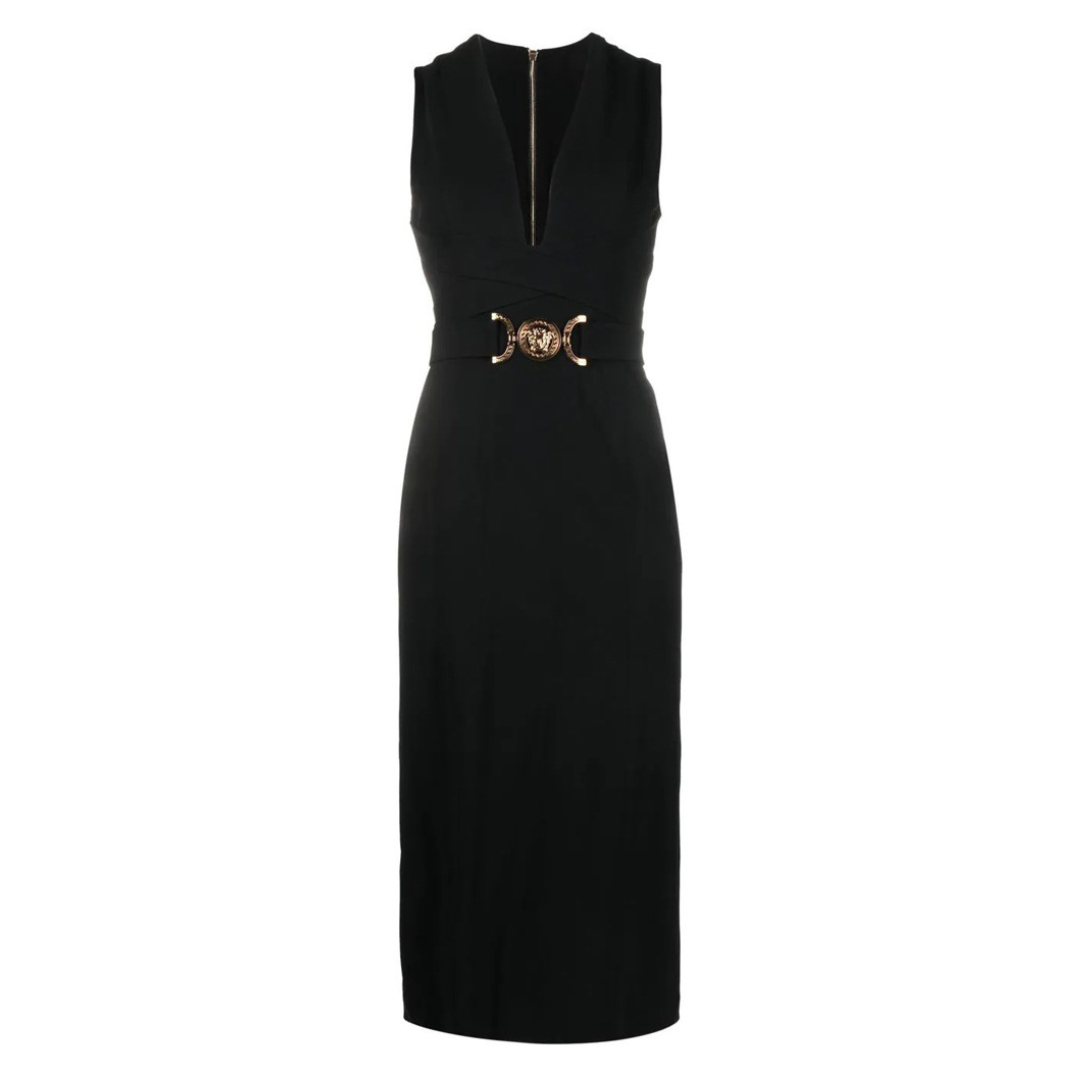 Plunge V Neck Belt Detail Midi Dress Black HV1220