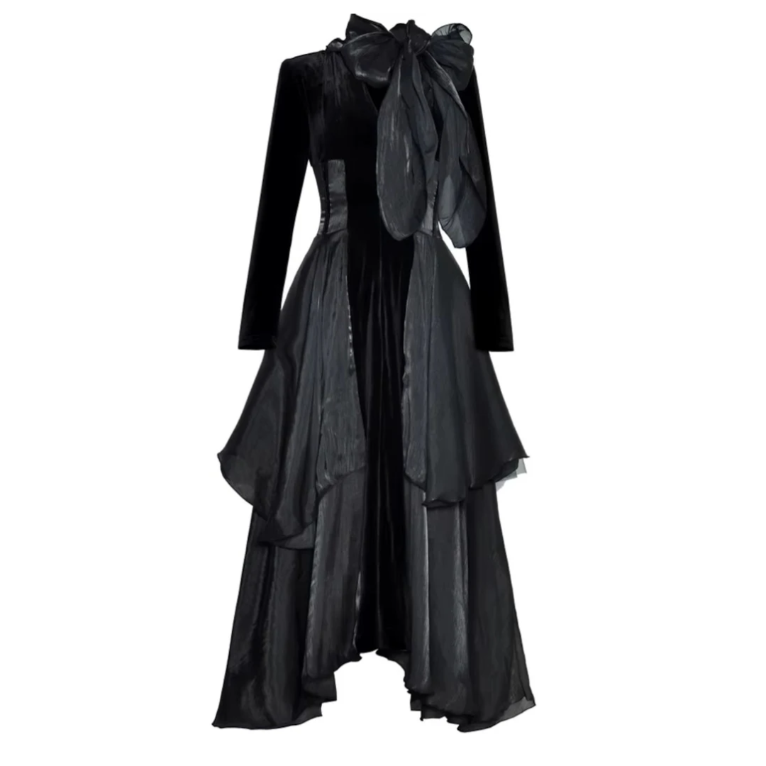 Long Sleeve A Line Maxi Velvet Dress Black
