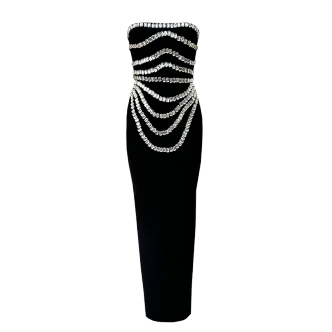 Strapless Crystal Trims Maxi Dress Black HV2003