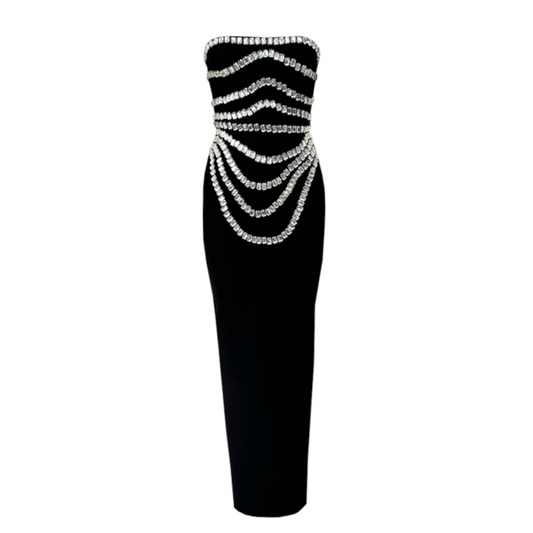 Strapless Crystal Trims Maxi Dress Black HV2003