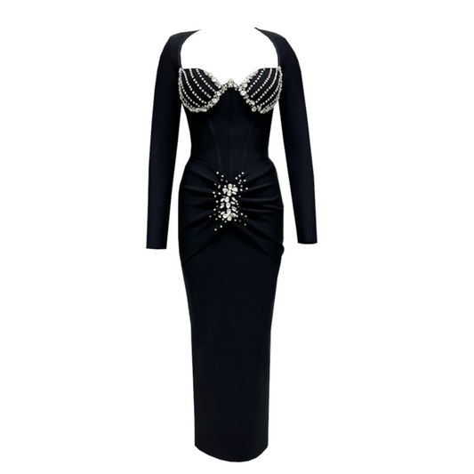 Long Sleeve Crystal Bustier Draped Maxi Dress Black HV2005