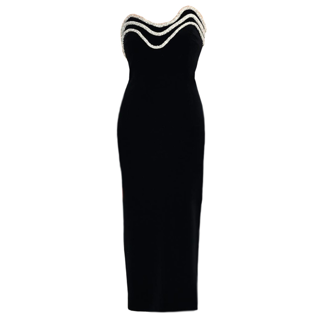 Strapless Crystal Trim Midi Dress Black HV1336
