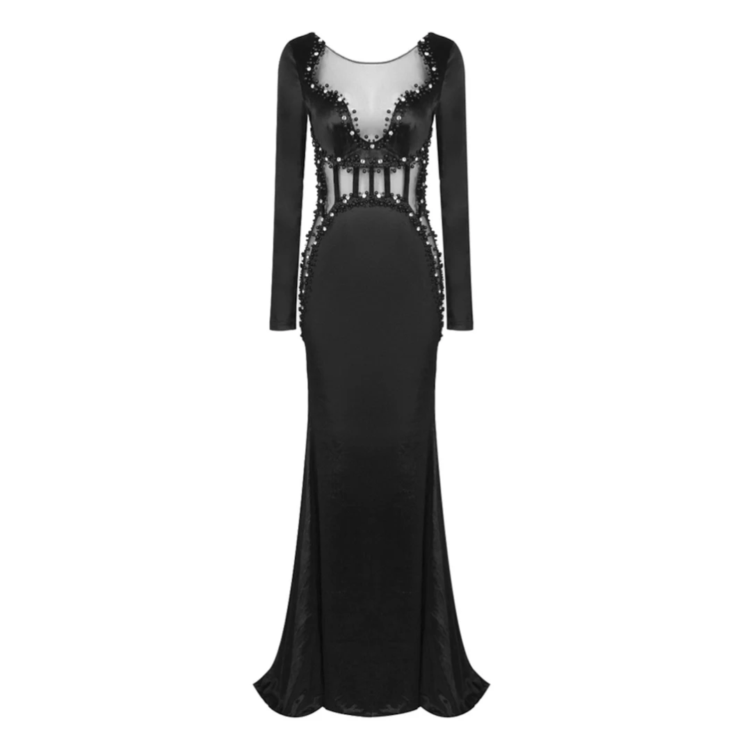Long Sleeve Crystal Embellished Velvet Dress Black