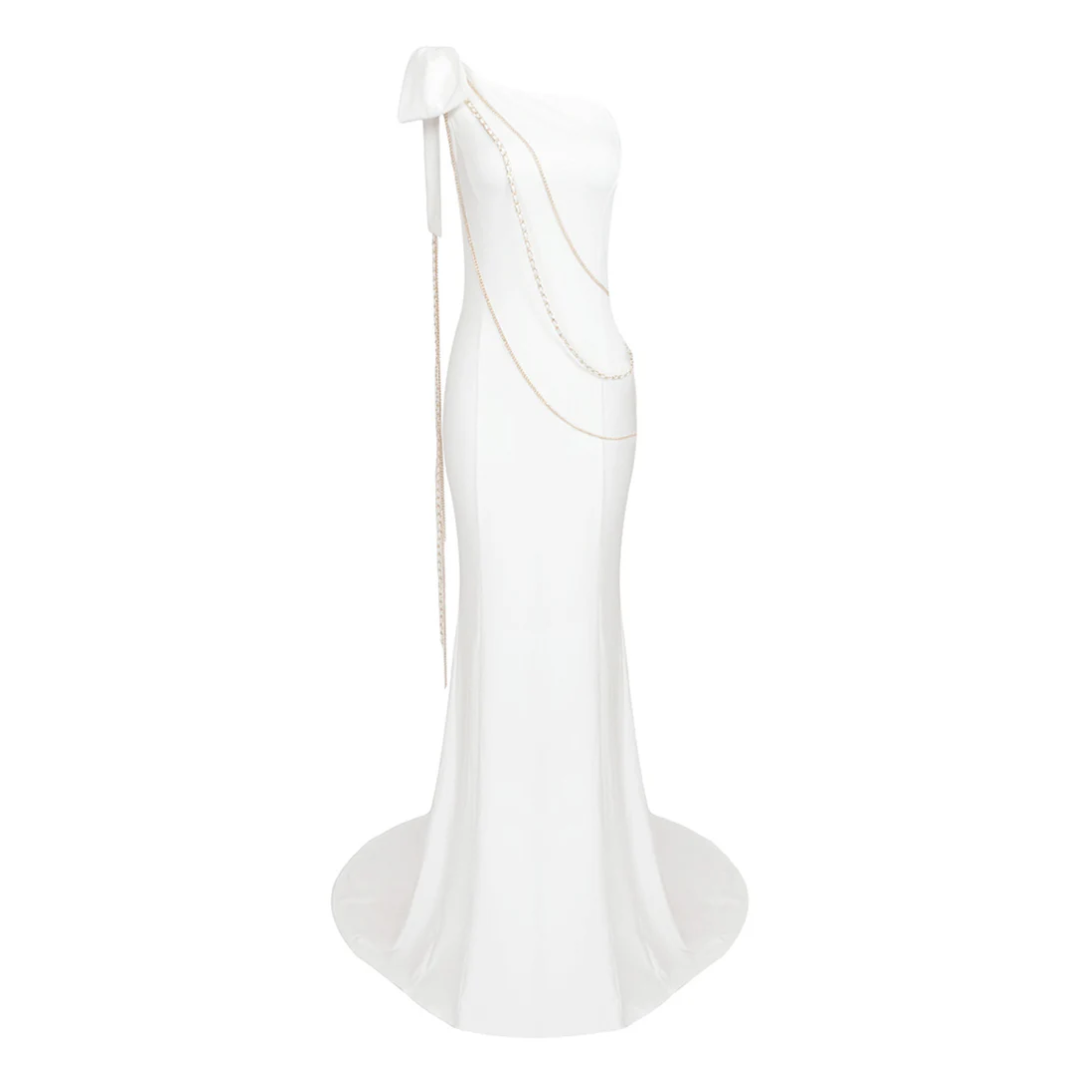 One Shoulder Chain Detail Maxi Dress White