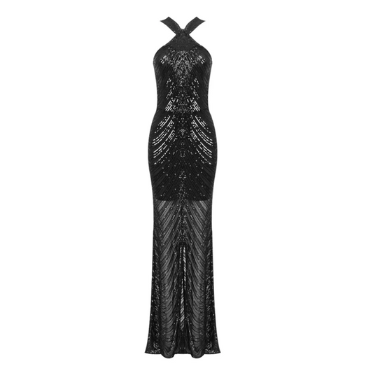 Halter Sequin Mesh Maxi Dress Black