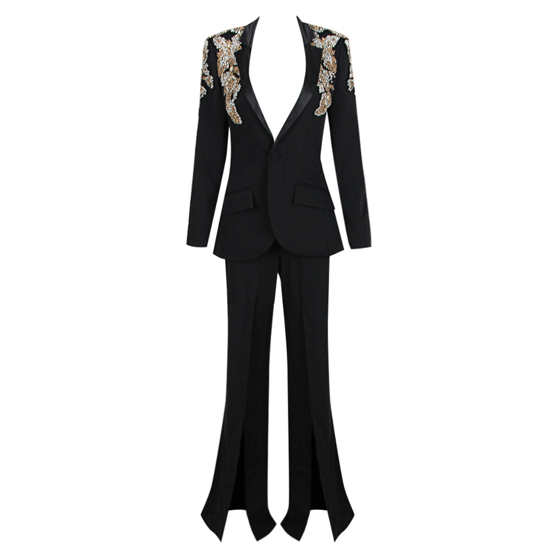Crystal Floral Long Sleeve Suit Black HV1484