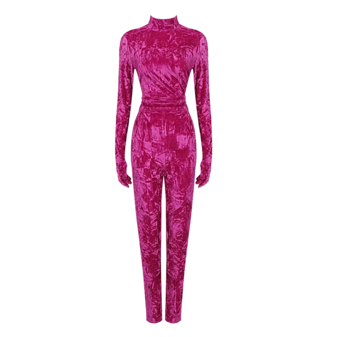 Long Sleeve Velvet Jumpsuit Hot Pink HV8336