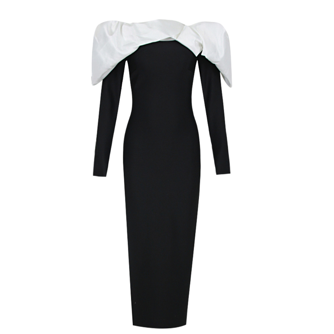 Long Sleeve Puff Bardot Midi Dress Black White HV9640
