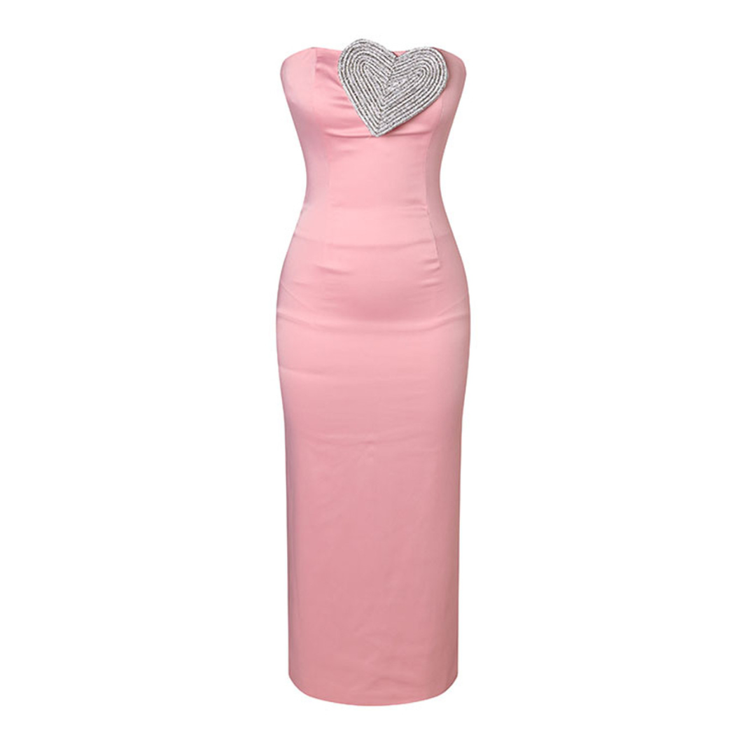 Crystal Heart Strapless Midi Dress Pink
