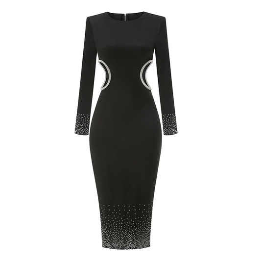 Long Sleeve Studded Crystal Trim Midi Dress Black HV1635