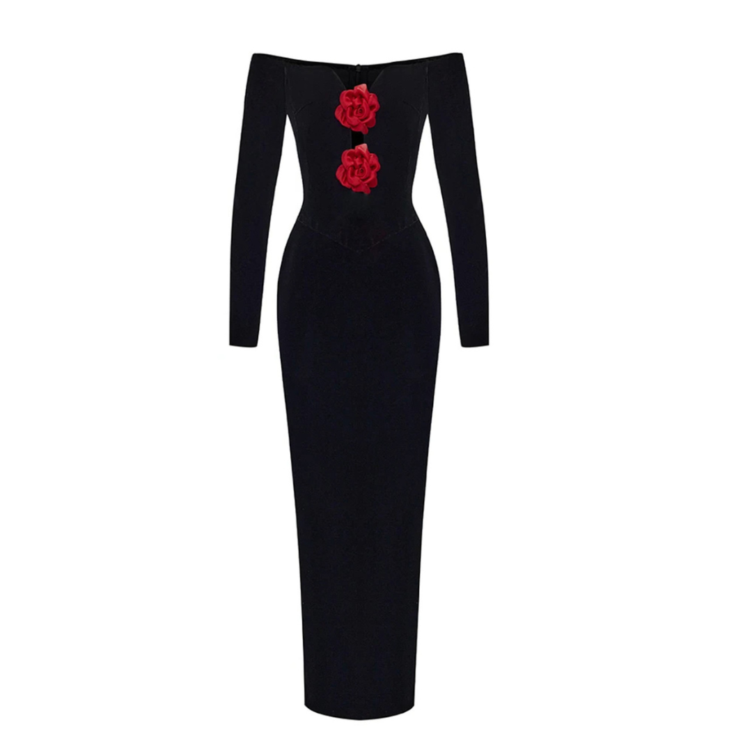 Long Sleeve Floral Bardot Maxi Velvet Dress Black