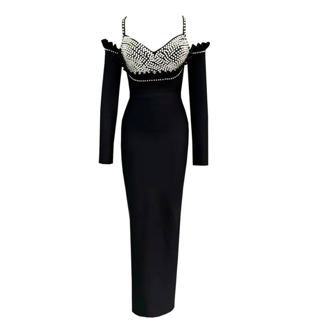 Long Sleeve Pearl Bustier Maxi Dress Black HV1671