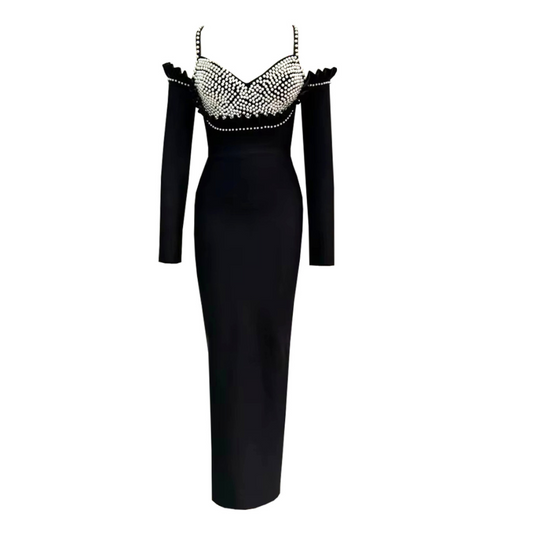 Long Sleeve Pearl Bustier Maxi Dress Black HV1671