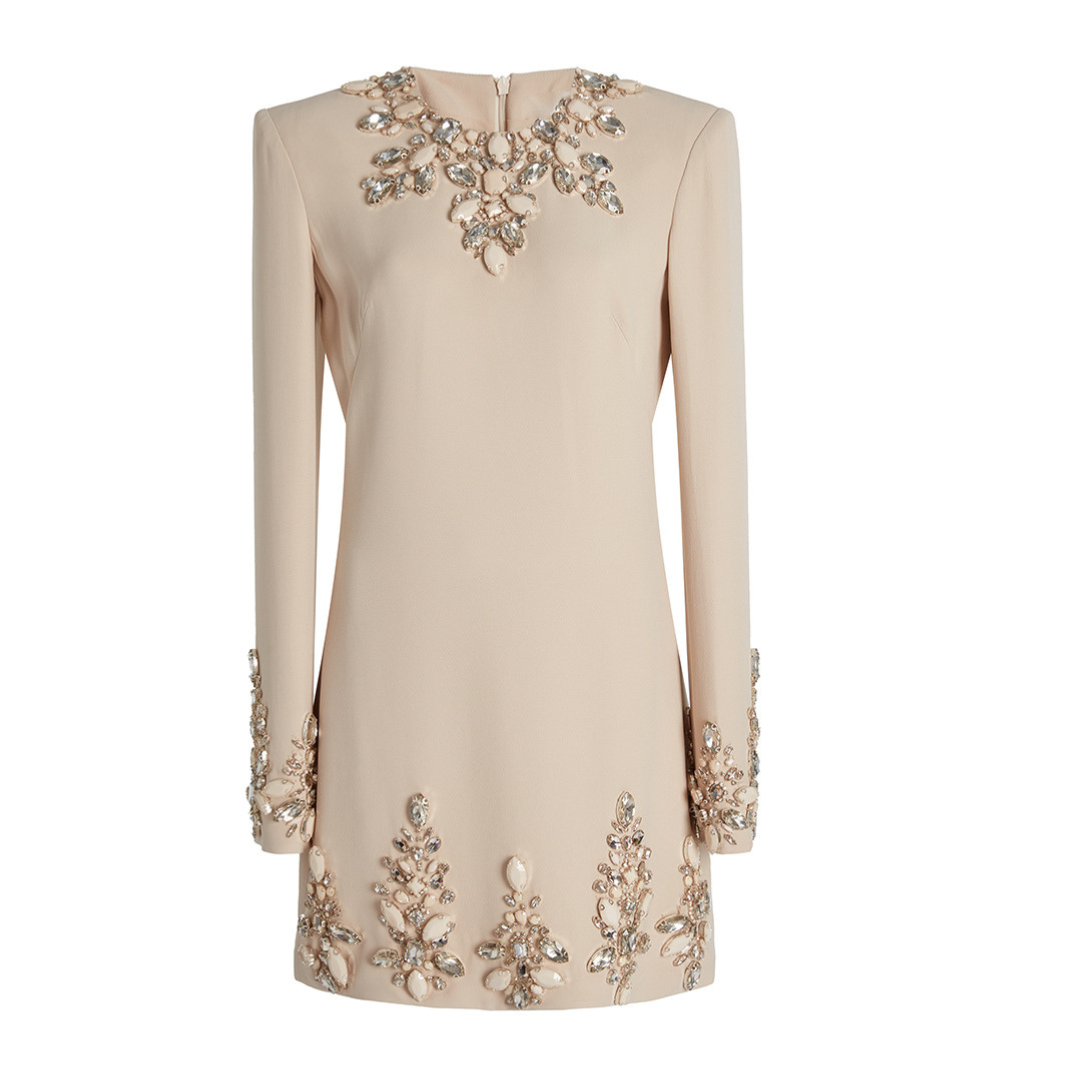 Long Sleeve Crystal A Line Dress Ivory