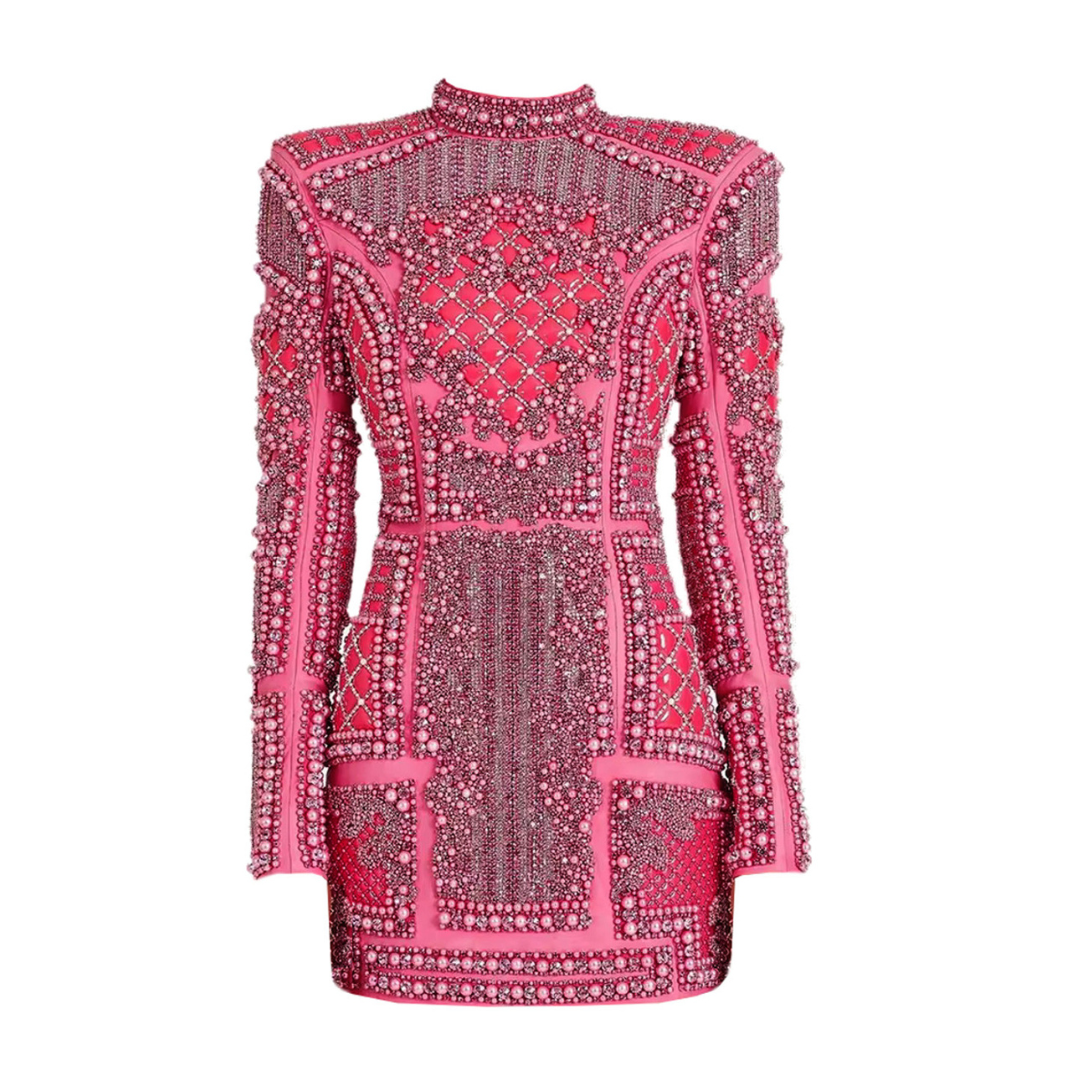 Long Sleeve Sequin Embellished Dress Hot Pink