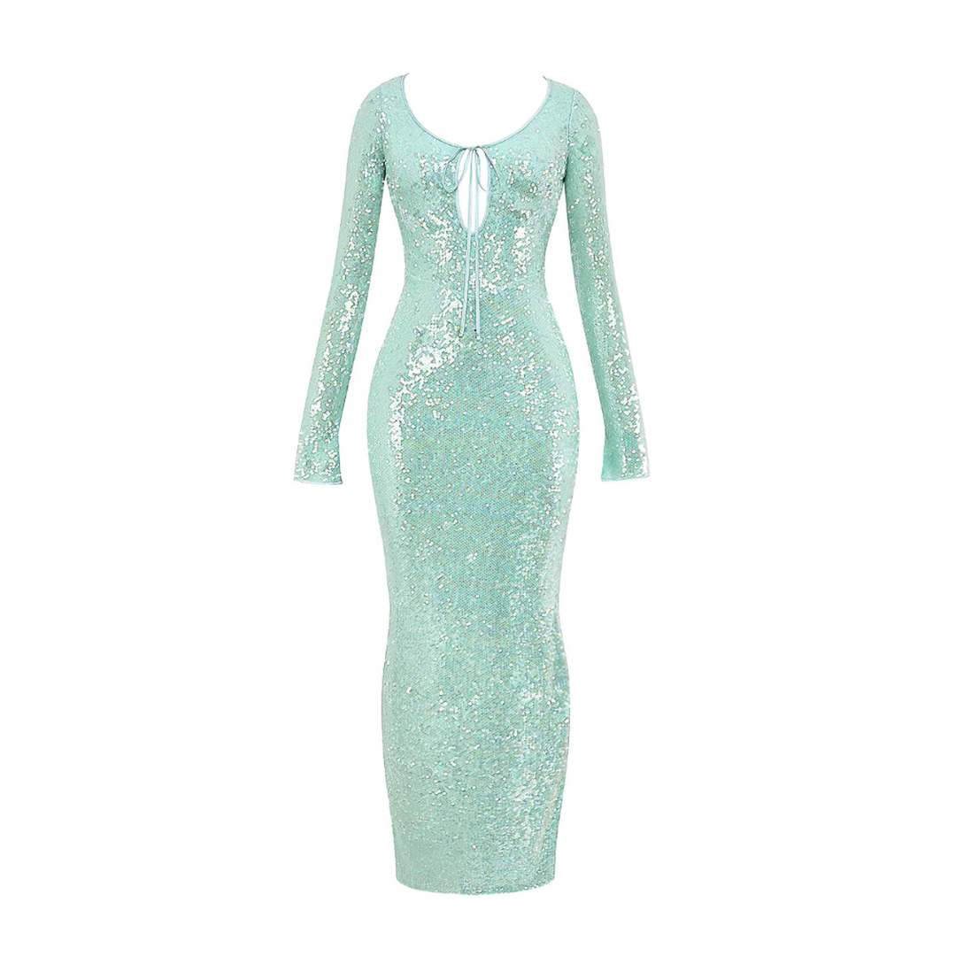 Long Sleeve Sequin Maxi Dress Green