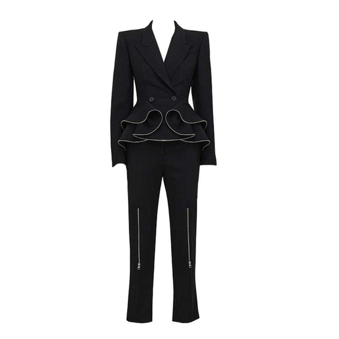 Long Sleeve Zipper Detail Peplum Suit Black HV1536