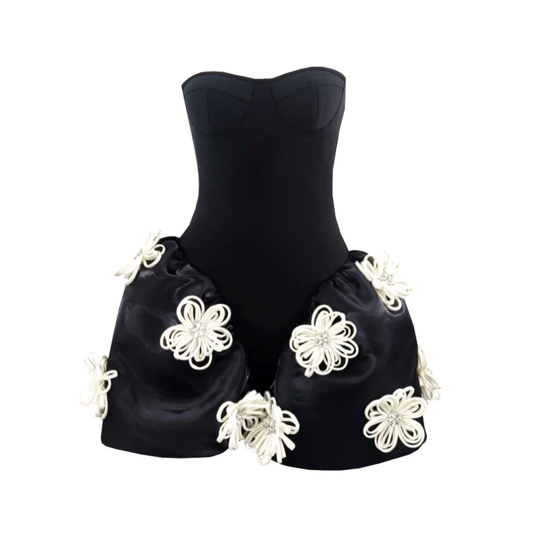 Strapless Corset Floral A Line Dress Black