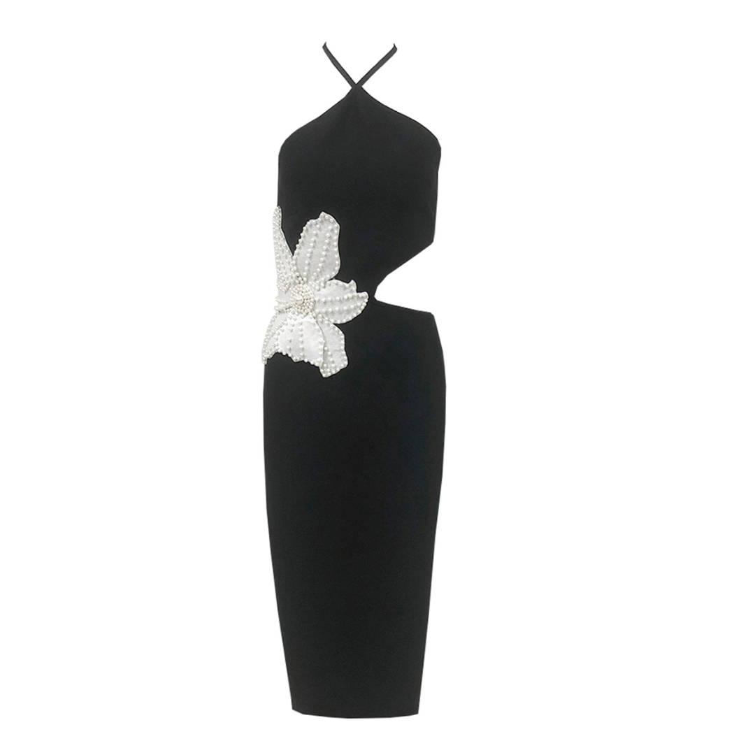 Halter Pearl Flower Midi Dress Black White HV1492