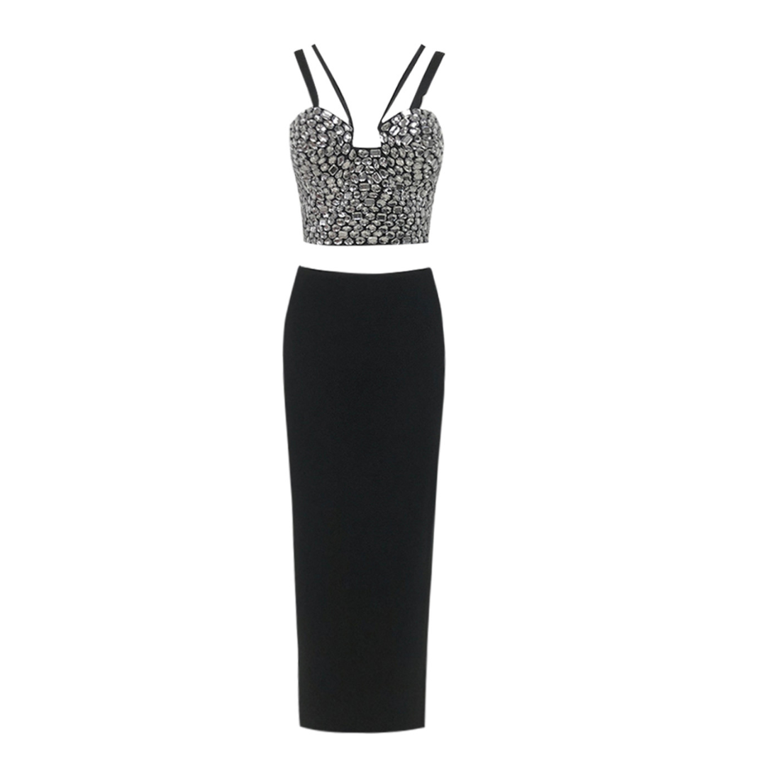 Crystal Bustier Two Piece Maxi Dress Black HV1426