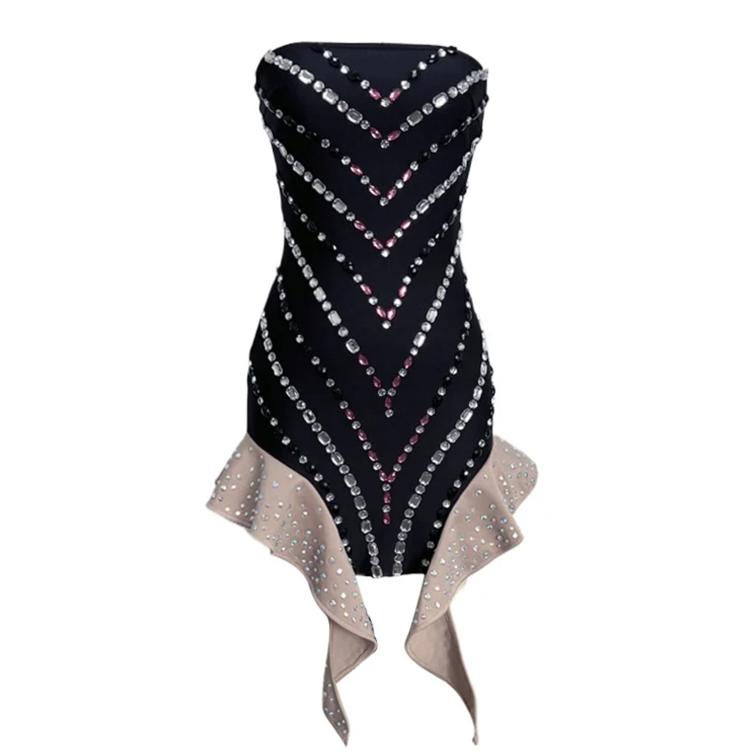 Strapless Crystal Ruffle Dress Black Nude HV1702
