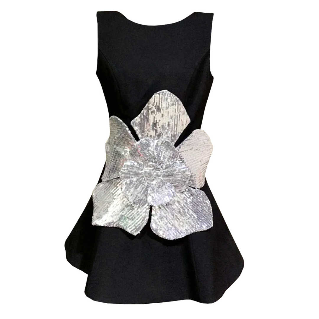 Sequin Floral A Line Dress Black Silver