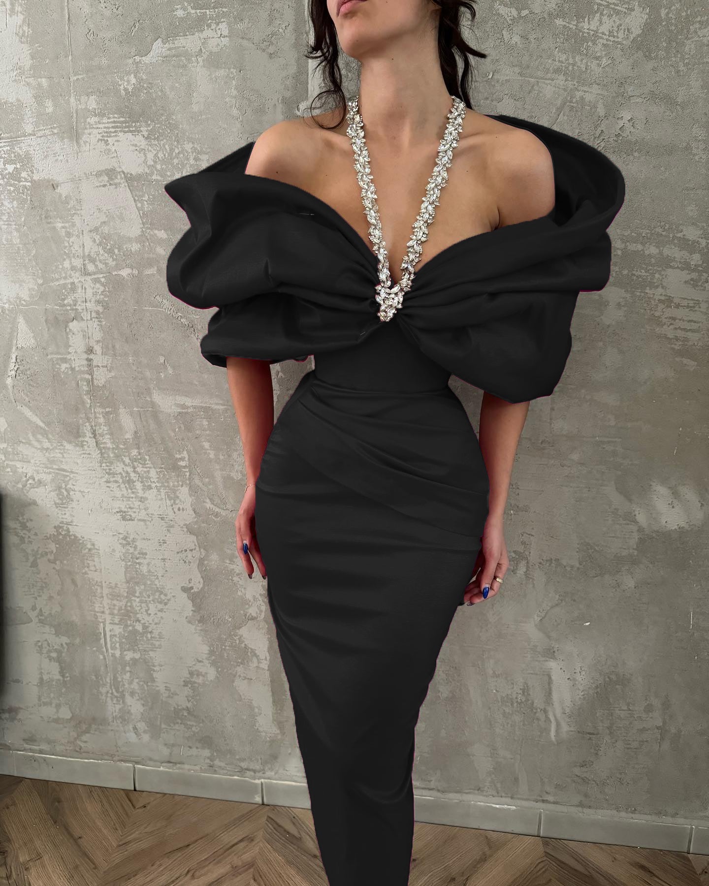 Halter Crystal Draped Bardot Maxi Dress