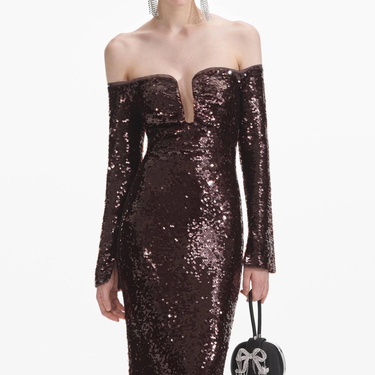 Long Sleeve Bardot Sequin Maxi Dress Brown HV1929