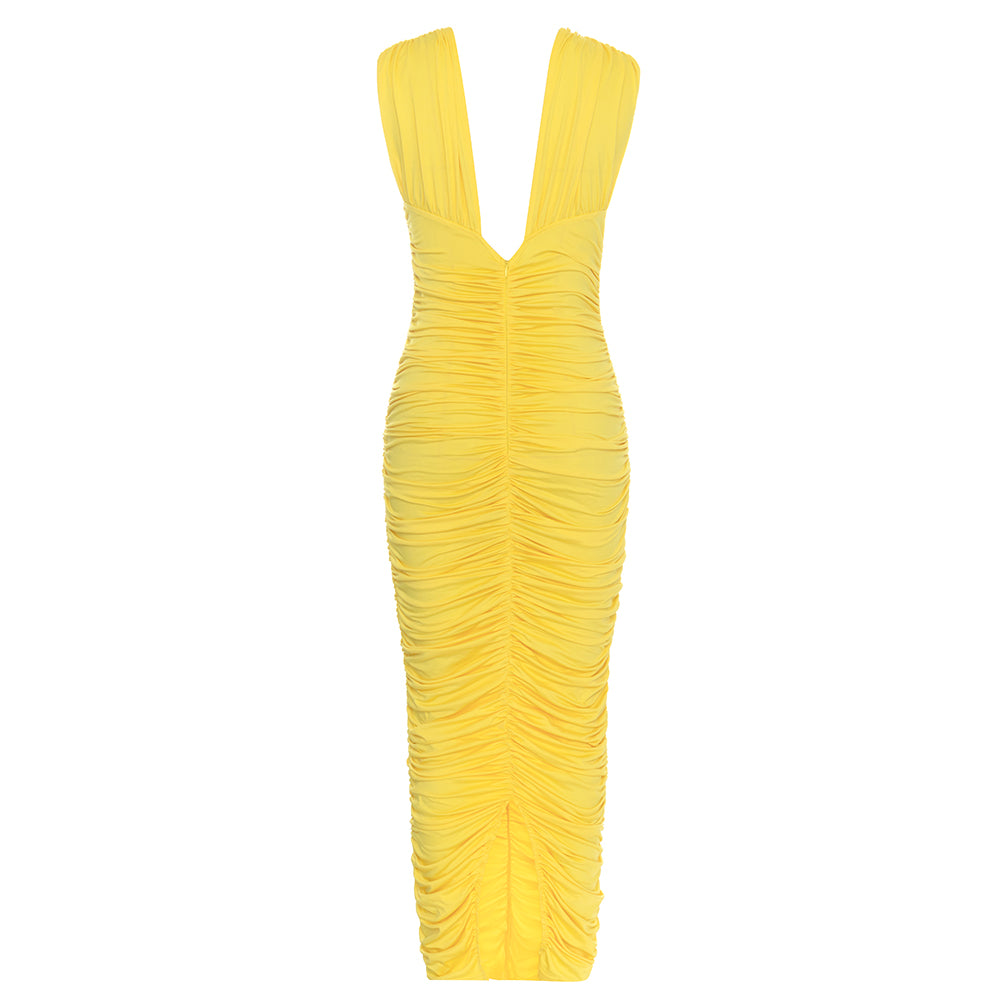 Plunge V Neck Ruched Maxi Dress Yellow HV9828