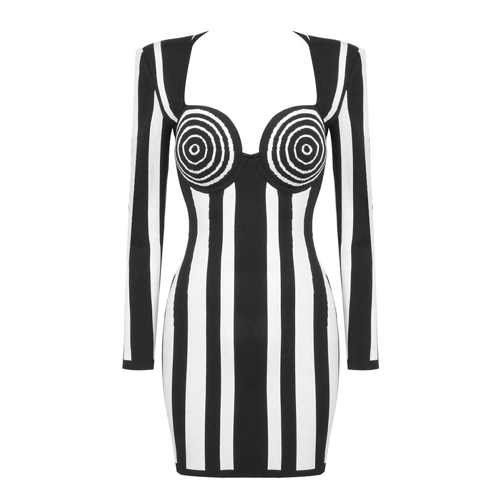 Long Sleeve Bustier Striped Dress Black White HV1805