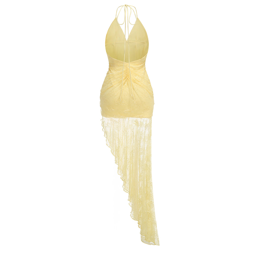 Halter Ruched Asymmetric Lace Maxi Dress HV3083