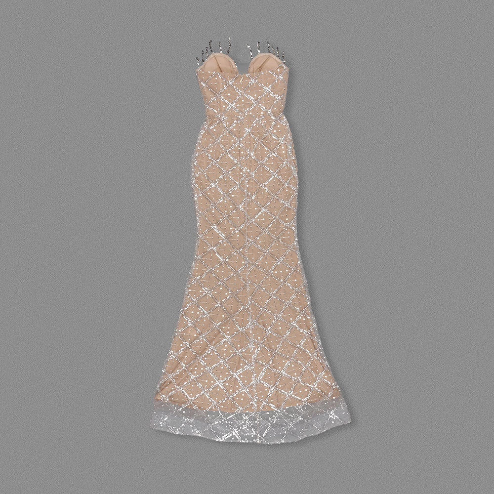 Strapless Crystal Sequin Bustier Maxi Dress Nude HV2145