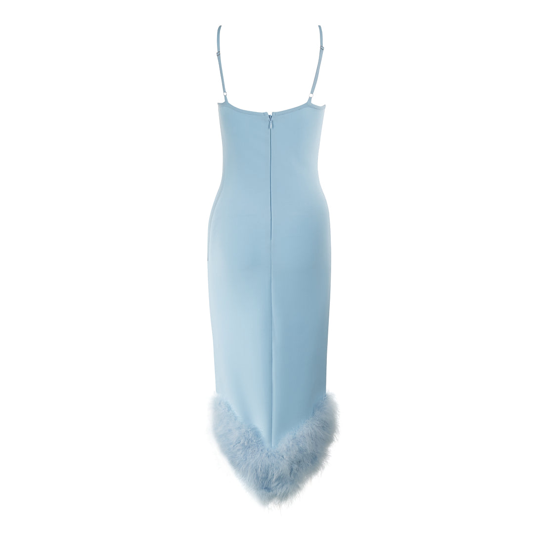 One Shoulder Feather Detail Midi Dress Blue
