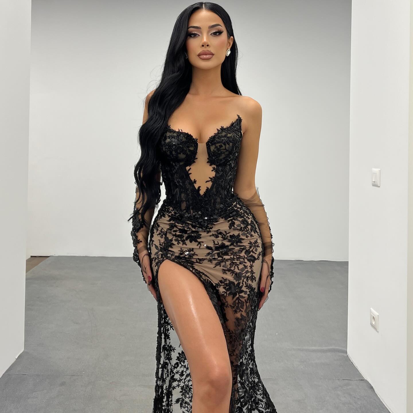 Strapless Sequin Lace Maxi Dress Black HV1630