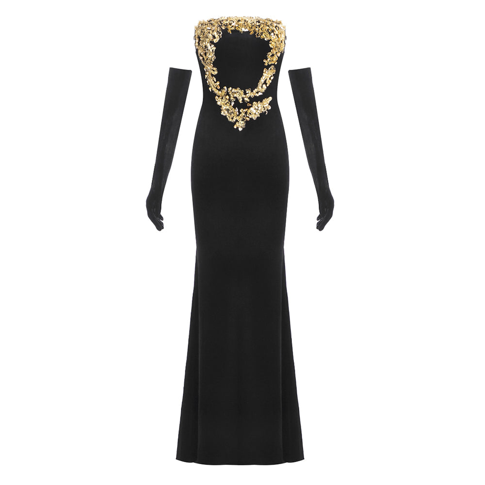Strapless Gold Applique Maxi Velvet Dress Black HV2151