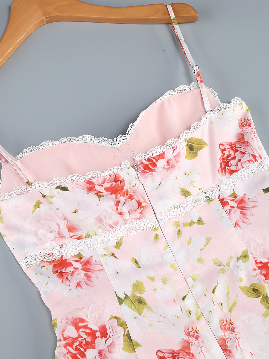 Bustier Lace Floral Maxi Dress Pink