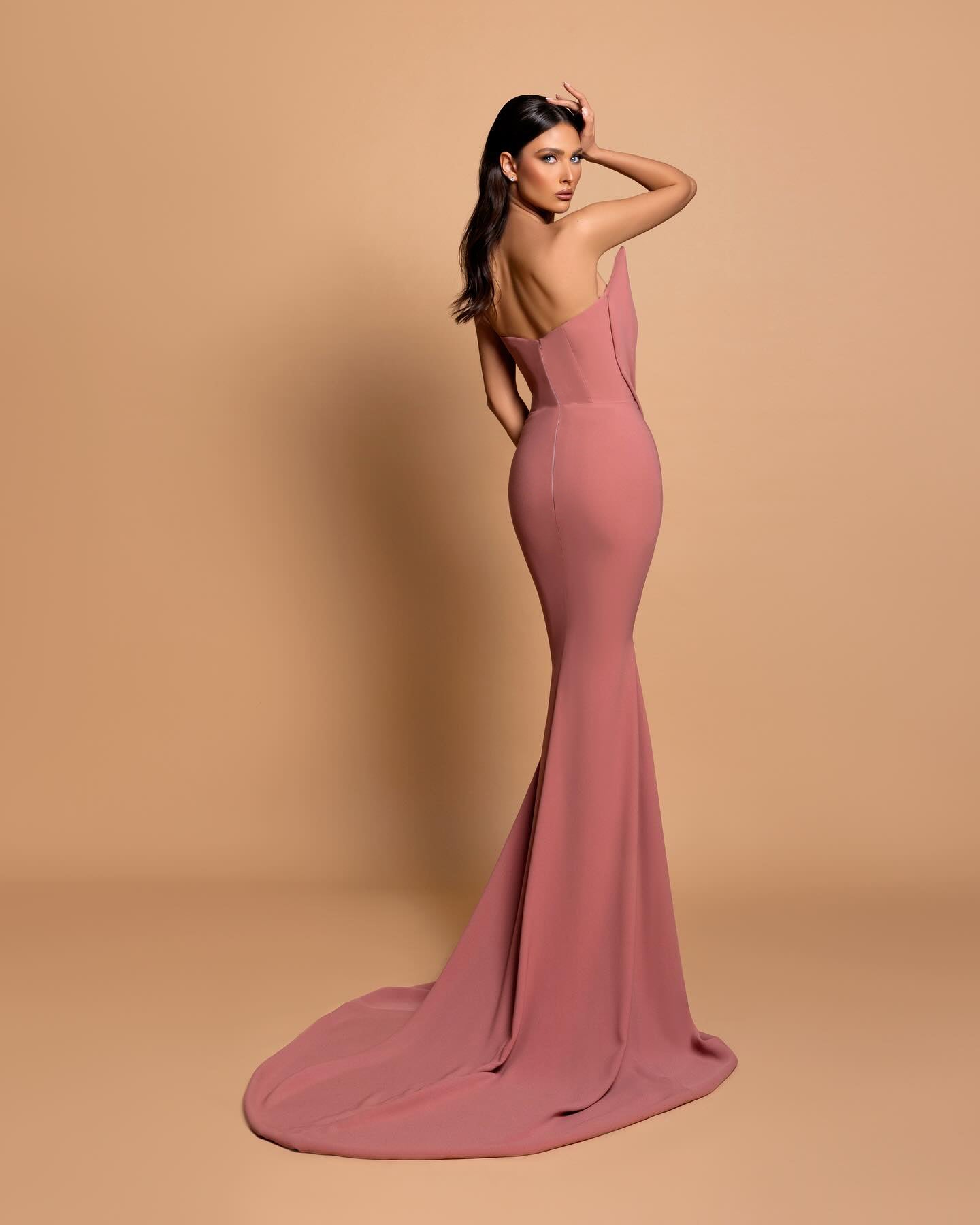 Strapless Crystal Bustier Maxi Velvet Dress Pink HV1745