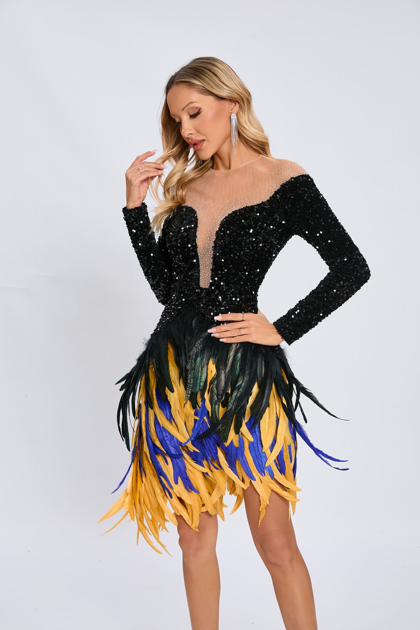 Long Sleeve Sequin Feather Dress Black HV1980