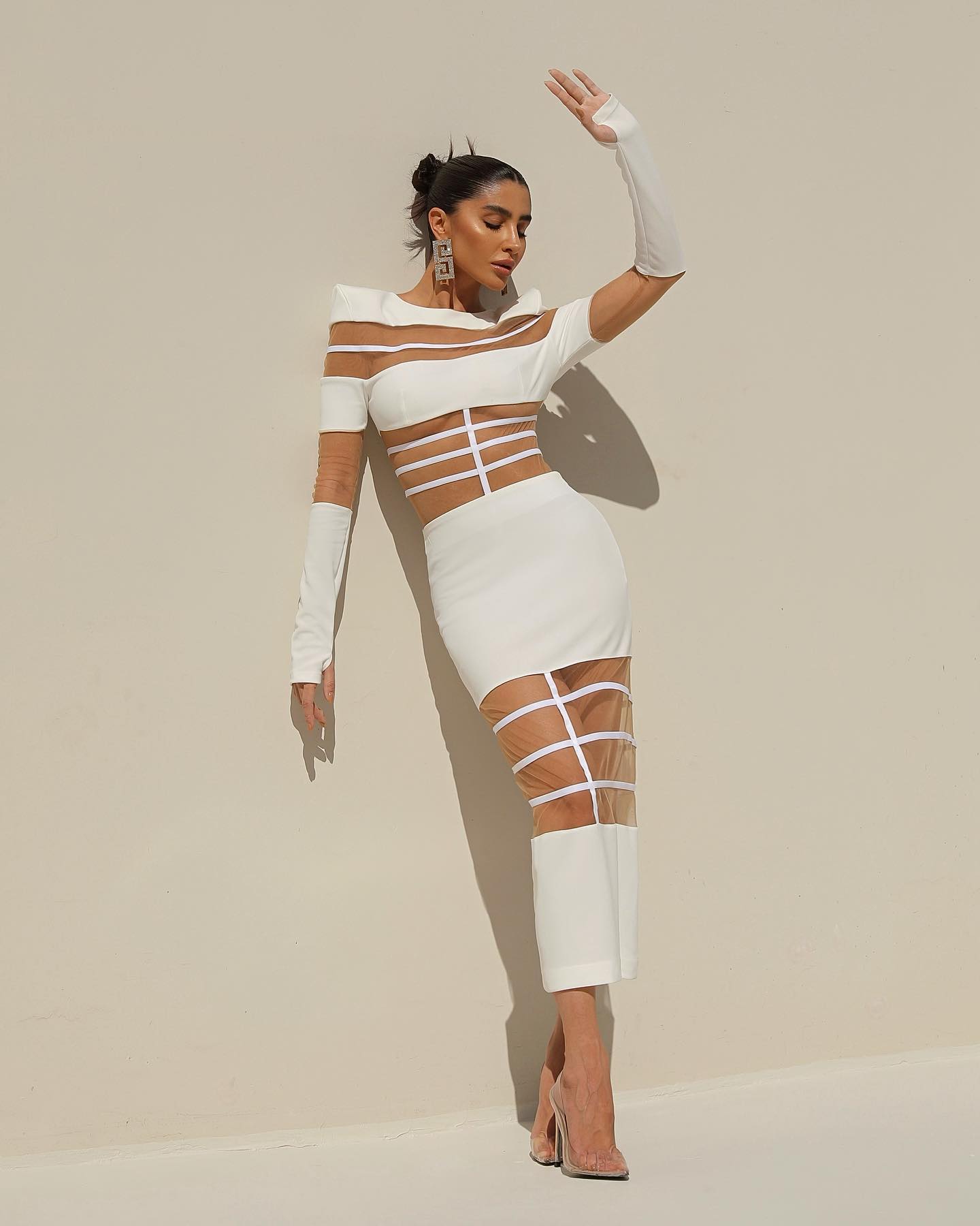 Long Sleeve Mesh Insert Midi Dress HV1502