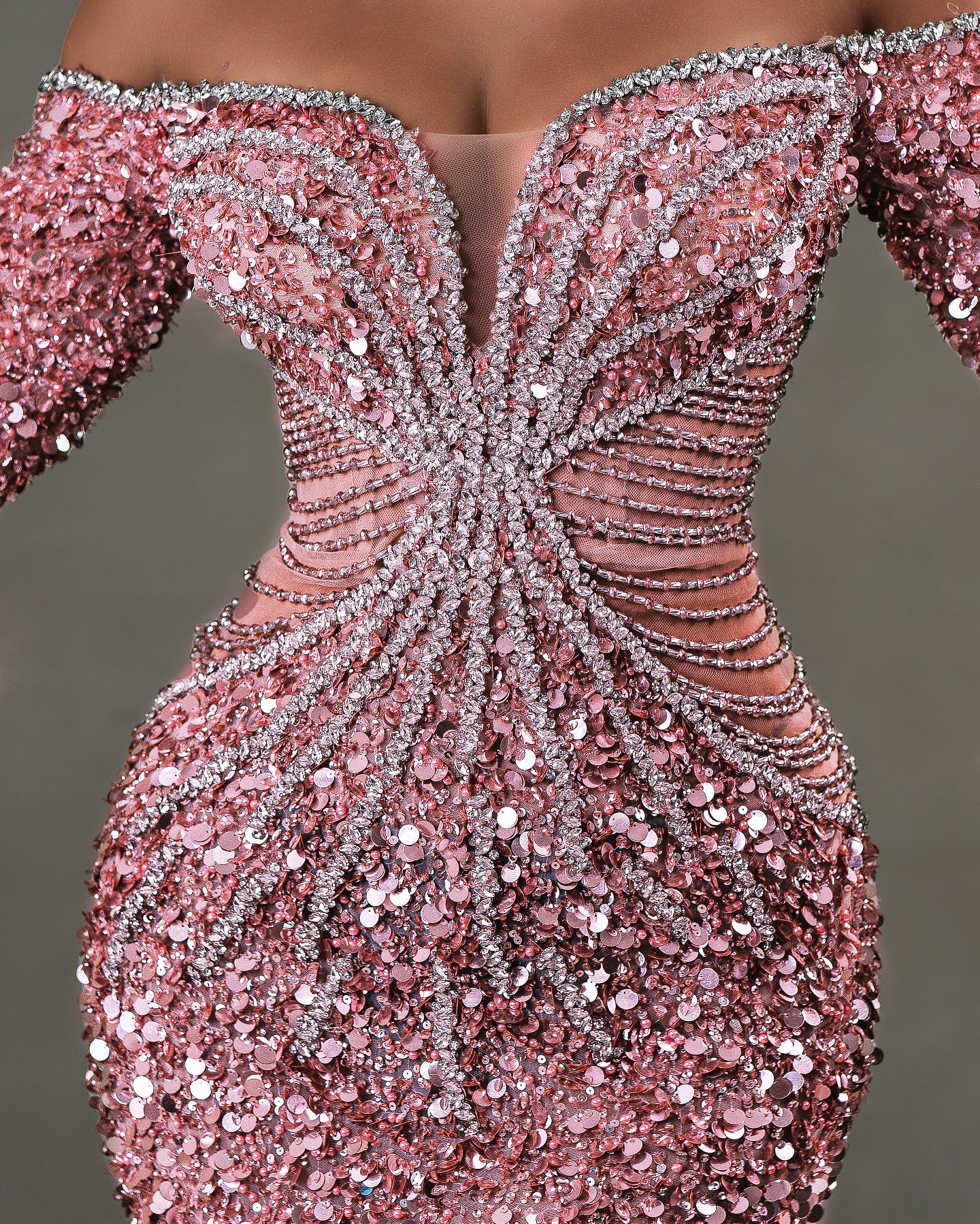 Long Sleeve Bardot Crystal Sequin Maxi Dress Pink HV2001